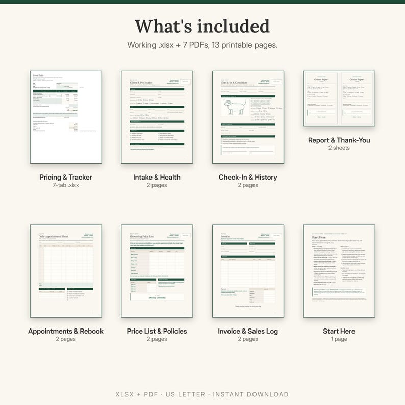 What is included: grooming pricing and client tracker spreadsheet, intake and health record, check-in and groom history, report and thank-you cards, appointments and rebooking, price list and policies, invoice and sales log, Start Here