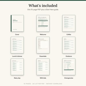 Grid of nine guidebook pages including welcome, coffee, lunch and dinner, essentials, outdoors, rainy day, family and emergencies