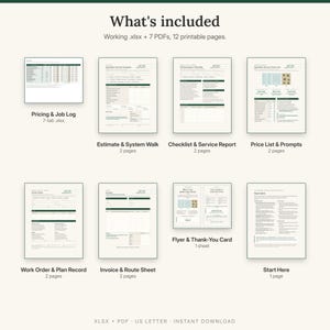 What is included: pricing and job log spreadsheet, estimate and system walk, winterization checklist and service report, price list and policy prompts, work order and service plan record, invoice and route sheet, flyer and thank-you card, start here guide
