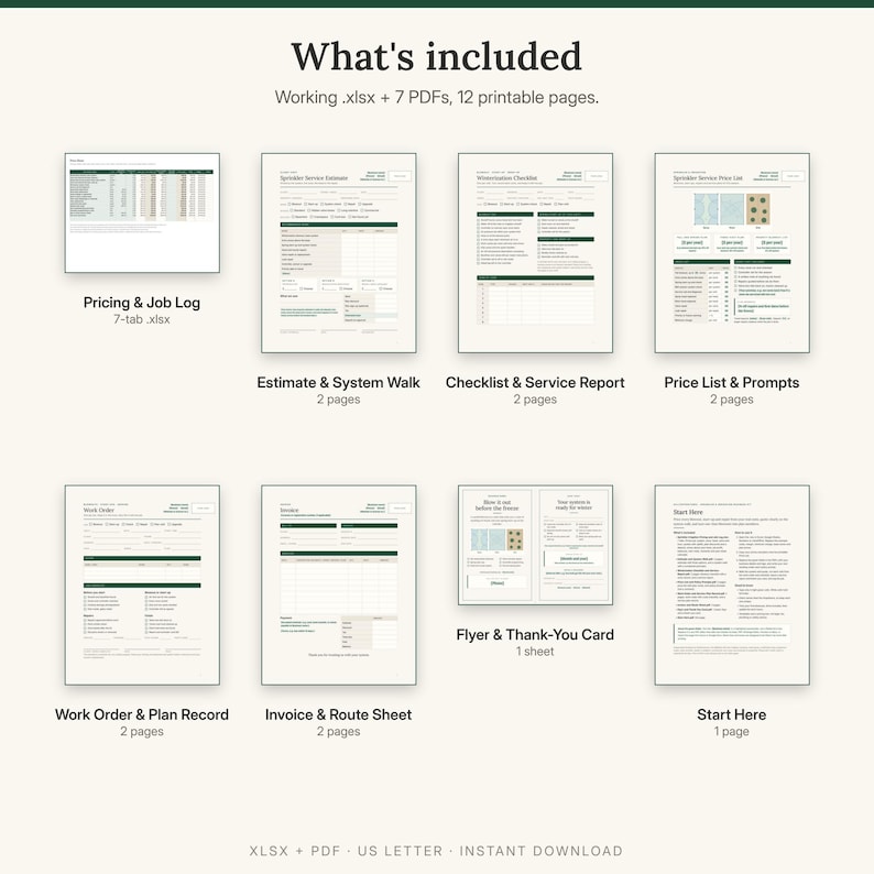 What is included: pricing and job log spreadsheet, estimate and system walk, winterization checklist and service report, price list and policy prompts, work order and service plan record, invoice and route sheet, flyer and thank-you card, start here guide