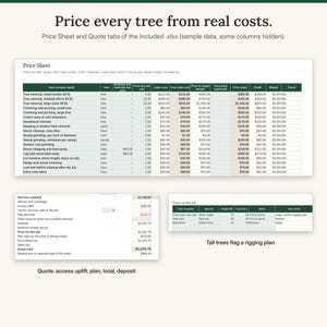 K&ouml;nnte beinhalten: Eine digitale Tabellenvorlage mit dem Titel Price every tree from real costs, die ein Preisblatt mit Spalten f&uuml;r Arbeitskosten, Gesamtkosten und Margen sowie einen Abschnitt f&uuml;r Zwischensummen und eine Job-Tabelle enth&auml;lt.
