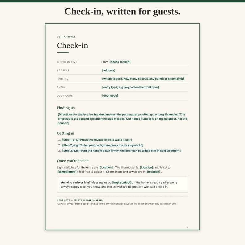 Guest check-in page from the house manual