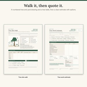 K&ouml;nnte beinhalten: Zwei gedruckte Formulare mit den Titeln Tree Site Walk und Tree Work Estimate. Die Dokumente enthalten Abschnitte f&uuml;r Kundendaten, nummerierte Baumdiagramme, Checklisten f&uuml;r den Zugang zum Gel&auml;nde sowie Tabellen f&uuml;r Arbeitskosten.