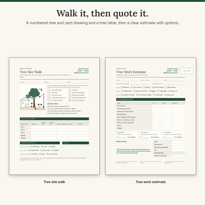 K&ouml;nnte beinhalten: Zwei gedruckte Formulare mit den Titeln Tree Site Walk und Tree Work Estimate. Die Dokumente enthalten Abschnitte f&uuml;r Kundendaten, nummerierte Baumdiagramme, Checklisten f&uuml;r den Zugang zum Gel&auml;nde sowie Tabellen f&uuml;r Arbeitskosten.