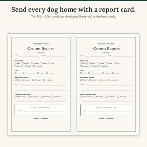Sheet of two groom report cards for owners with tick boxes for services, behavior, notes and next groom date