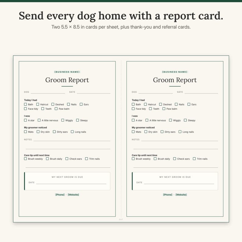 Sheet of two groom report cards for owners with tick boxes for services, behavior, notes and next groom date