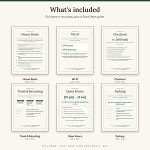 Overview of all six signs: House Rules, Wi-Fi, Checkout, Trash and Recycling, Quiet Hours and Parking