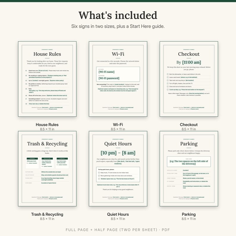 Overview of all six signs: House Rules, Wi-Fi, Checkout, Trash and Recycling, Quiet Hours and Parking