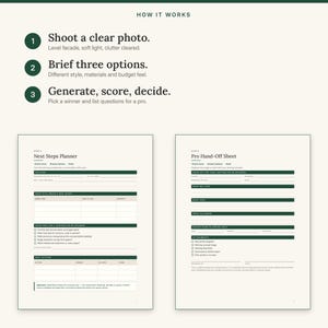 Three steps: shoot a clear photo, brief three options, then generate, score and decide