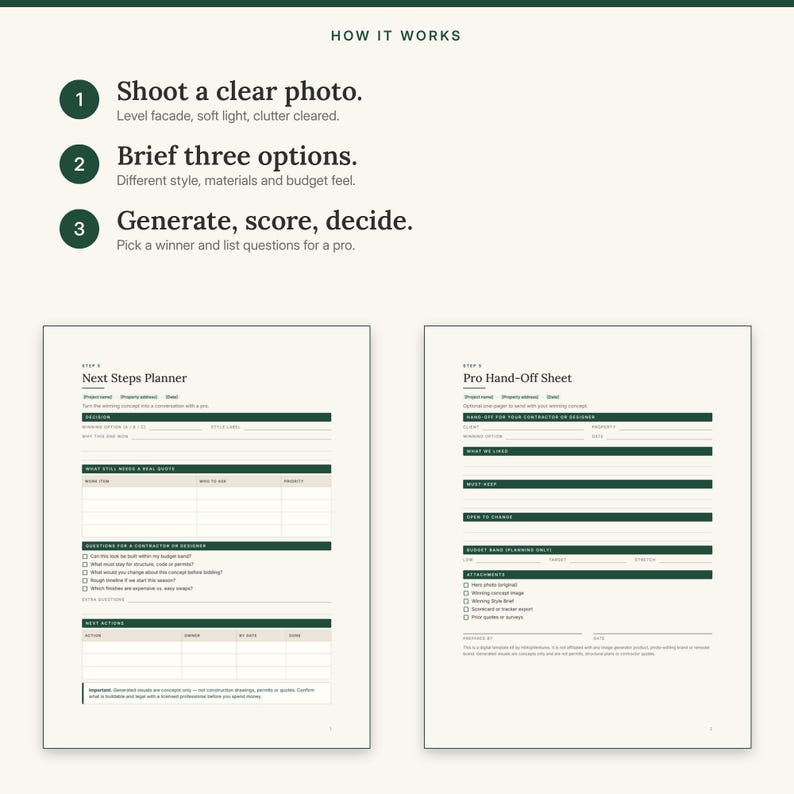 Three steps: shoot a clear photo, brief three options, then generate, score and decide