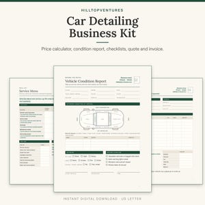 Car Detailing Business Kit cover showing the vehicle condition report in front of the service menu and invoice