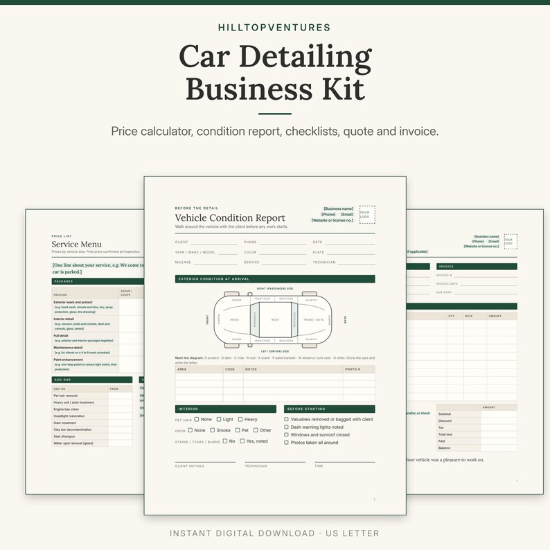 Car Detailing Business Kit cover showing the vehicle condition report in front of the service menu and invoice