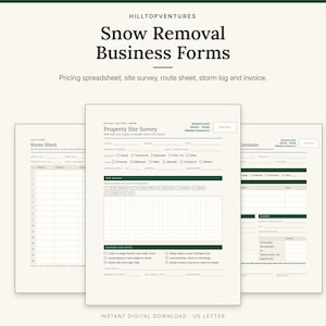 Snow Removal Business Forms cover showing the property site survey with a sketch grid in front of the route sheet and estimate
