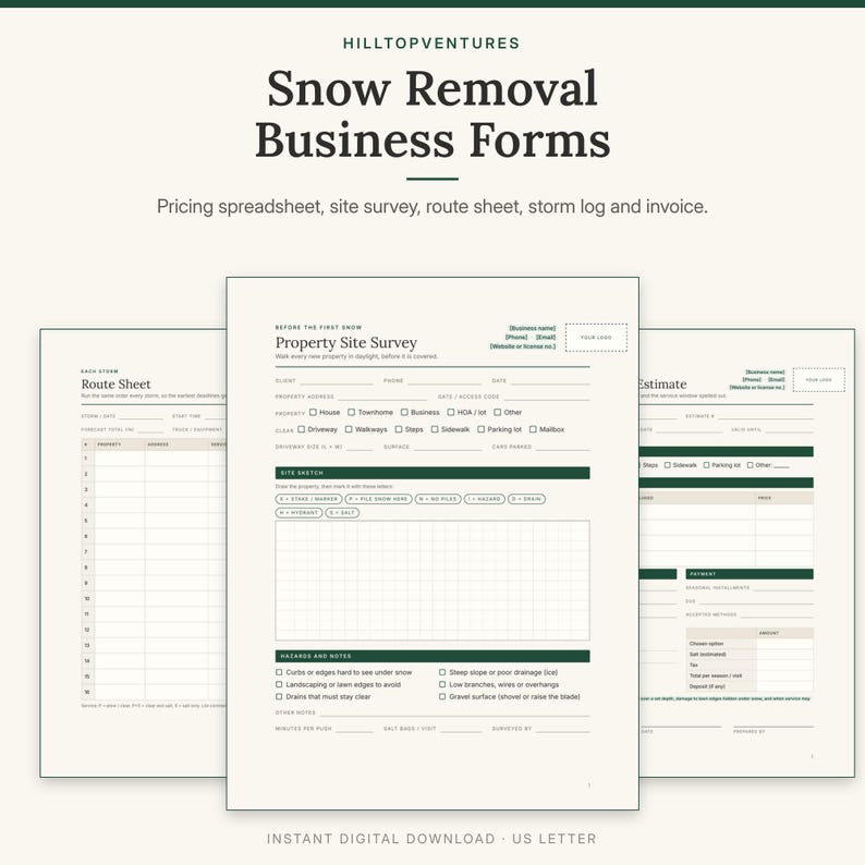 Snow Removal Business Forms cover showing the property site survey with a sketch grid in front of the route sheet and estimate