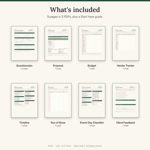 What is included: questionnaire, proposal, budget, vendor tracker, planning timeline, run of show, event-day checklist and client feedback
