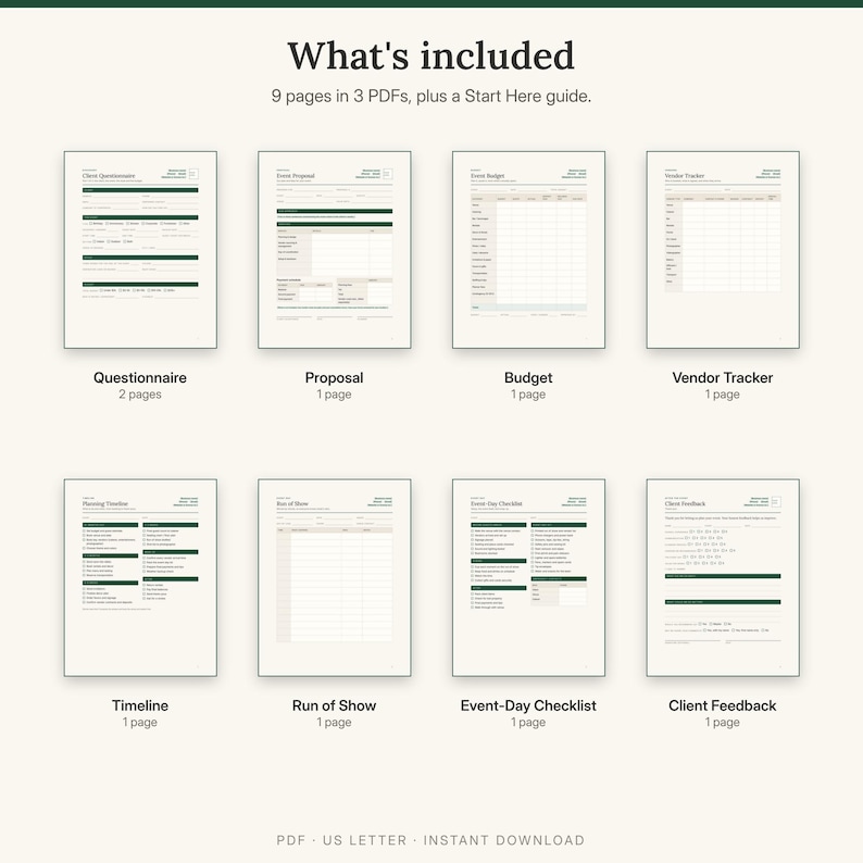 What is included: questionnaire, proposal, budget, vendor tracker, planning timeline, run of show, event-day checklist and client feedback