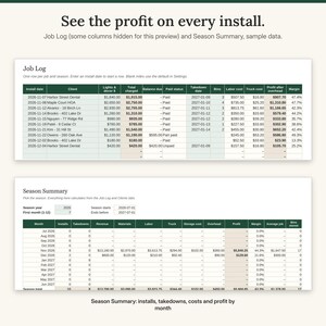 Job Log tab with ten sample jobs showing total charged, balance, paid status, takedown date, bins and profit per job, above the Season Summary month by month