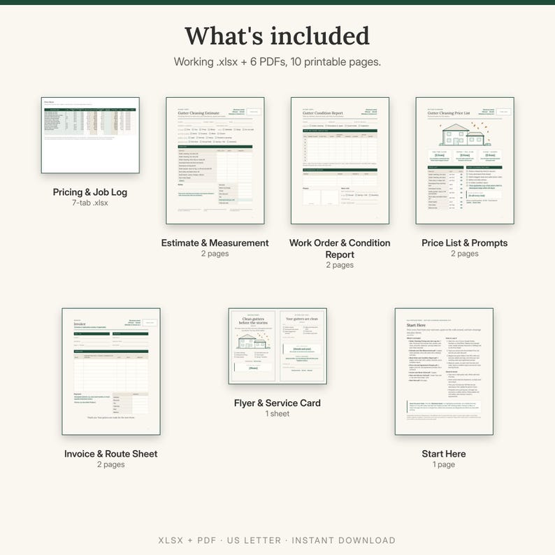 May include: A digital gutter cleaning business kit containing a working .xlsx file and 6 PDFs across 10 printable pages. Includes a Pricing & Job Log, Estimate & Measurement, Work Order & Condition Report, Price List & Prompts, Invoice & Route Sheet, Flyer & Service Card, and a Start Here guide.