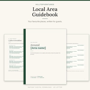 May include: A digital Local Area Guidebook template with a cream background and dark green text. The cover features the title Around [Area name] and the header Hilltopventures Local Area Guidebook. Includes interior pages for coffee and breakfast.