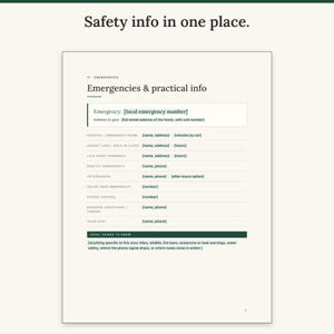 Emergencies and practical information page with emergency number, hospital, pharmacy and local hazards