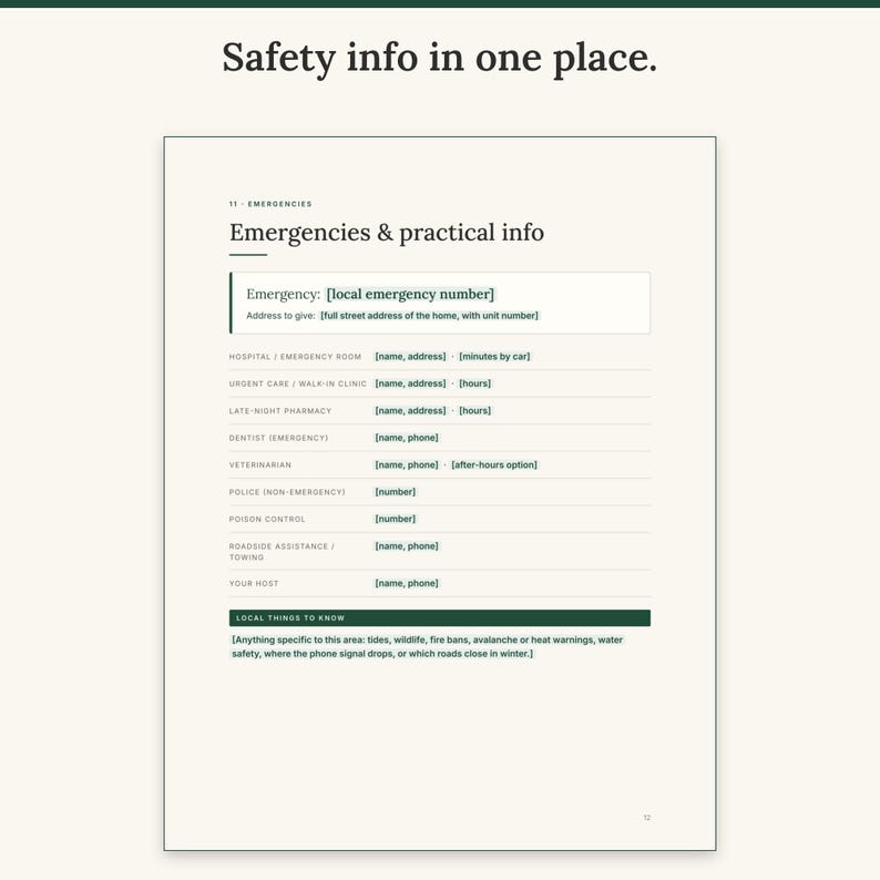 Emergencies and practical information page with emergency number, hospital, pharmacy and local hazards