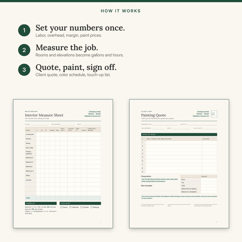 Three steps: set your numbers once, measure the job, then quote, paint and sign off
