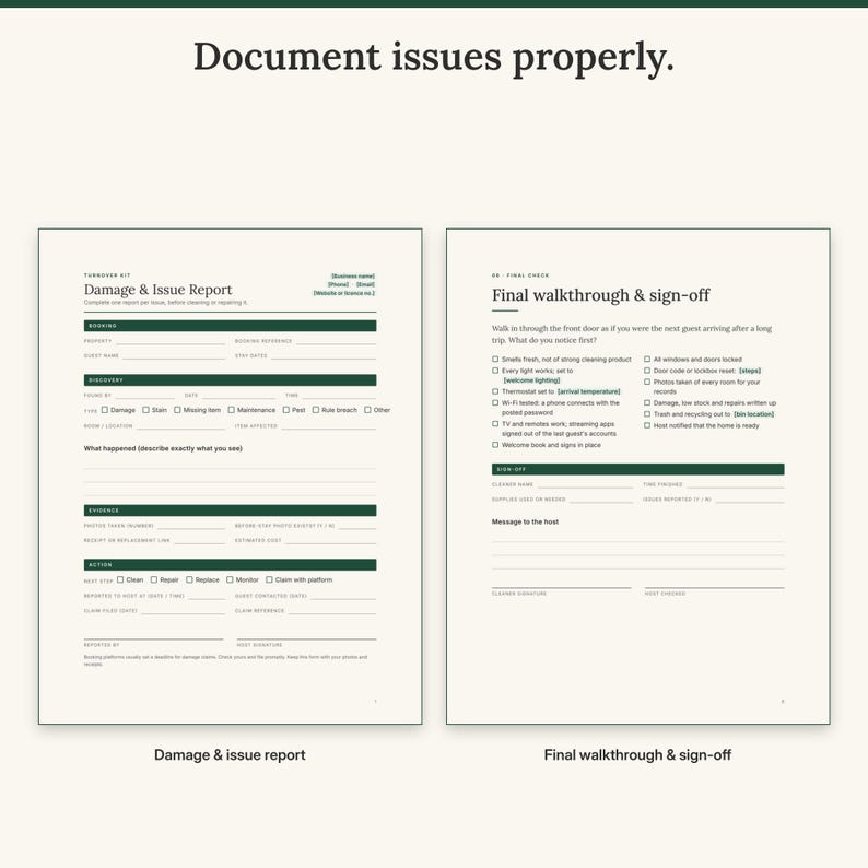 Damage and issue report form next to the final walkthrough and sign-off page