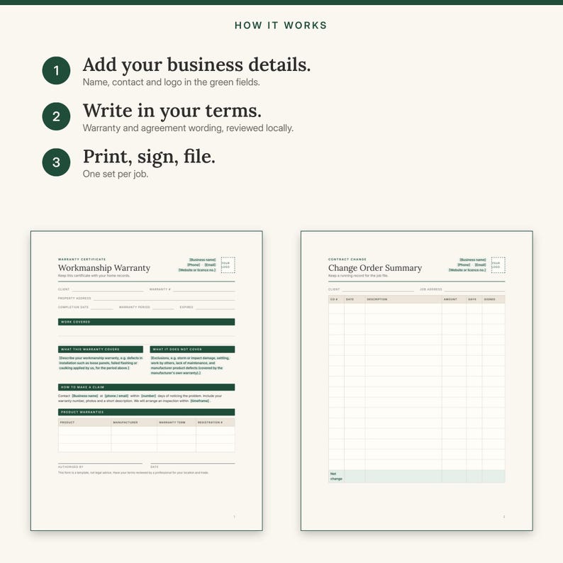 Contractor Client Forms Bundle, Estimate, Change Order, Warranty (PDF Download) image 9