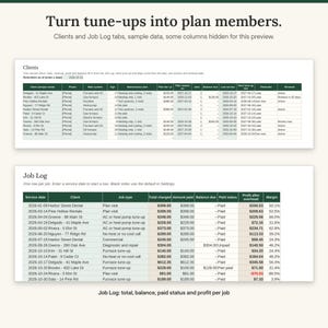 Op de afbeelding: Een digitale spreadsheet-interface getiteld Turn tune-ups into plan members, met twee tabellen genaamd Clients en Job Log. De tabellen bevatten kolommen voor klantnamen, servicedata, type opdrachten, financi&euml;le gegevens en onderhoudsplannen.