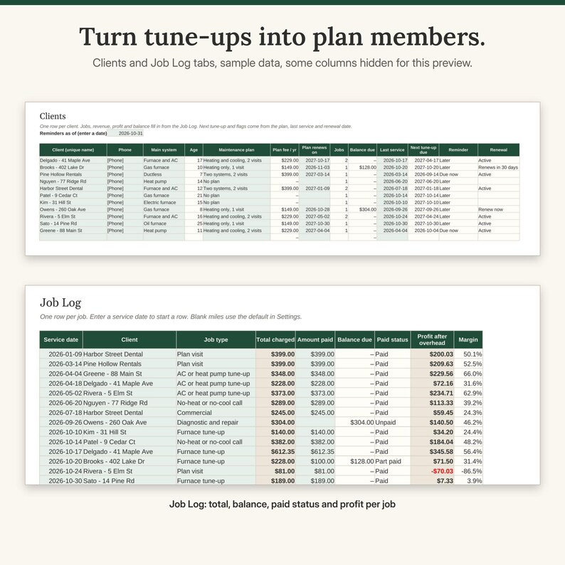 Op de afbeelding: Een digitale spreadsheet-interface getiteld Turn tune-ups into plan members, met twee tabellen genaamd Clients en Job Log. De tabellen bevatten kolommen voor klantnamen, servicedata, type opdrachten, financi&euml;le gegevens en onderhoudsplannen.