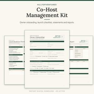 Co-Host Management Kit cover showing the owner onboarding questionnaire in front of the launch checklist and monthly owner report