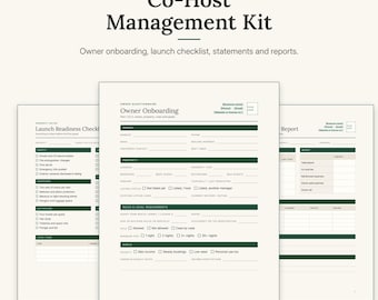 Könnte beinhalten: Ein Co-Host-Management-Kit von HilltopVentures mit drei gedruckten Dokumenten im US-Letter-Format. Die Seiten enthalten einen Fragebogen zum Onboarding von Eigentümern, eine Checkliste für den Start und einen Finanzbericht, alle mit dunkelgrünen Kopfzeilen.