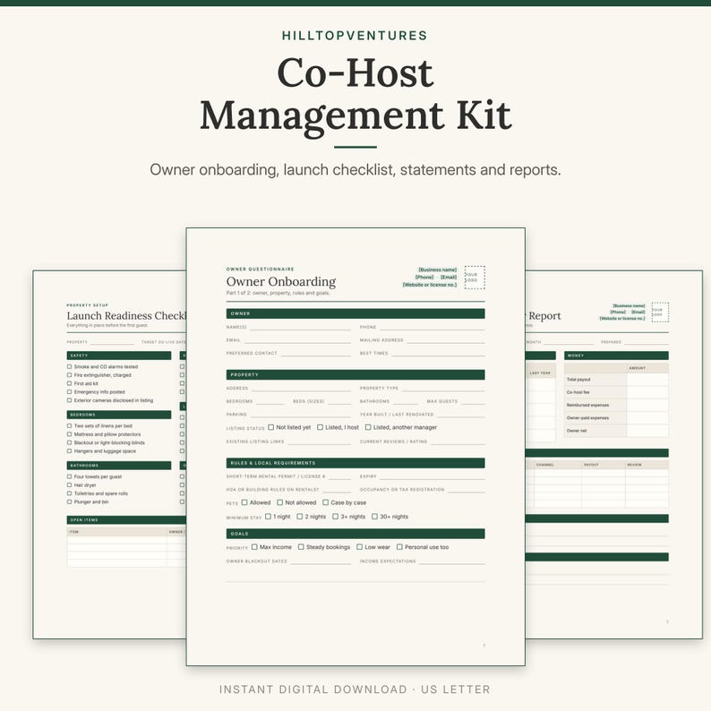 Co-Host Management Kit cover showing the owner onboarding questionnaire in front of the launch checklist and monthly owner report