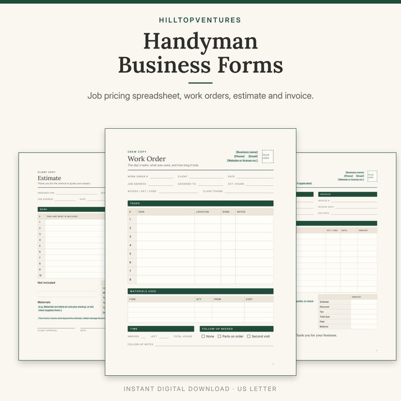 Handyman Business Forms cover showing the work order in front of the client estimate and invoice