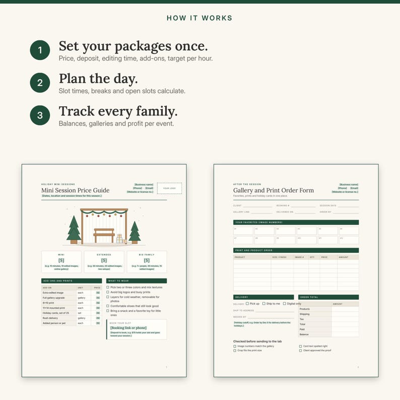 Three steps: set your packages once, plan the day, then track every family, shown with the price guide and the print order form
