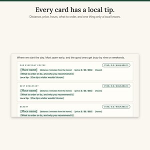 Close-up of a recommendation card showing distance, price, hours, a tag and a local tip field