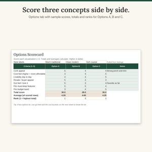 Options tab of the spreadsheet with sample scores, totals and ranks for three remodel concepts