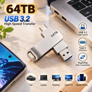 Puede incluir: Una unidad flash de doble interfaz plateada con capacidad de 64TB, que cuenta con conectores USB-A y USB-C. El dispositivo está etiquetado como 64TB e incluye iconos de alta velocidad USB 3.2, interfaz tipo C y compatibilidad con coches, portátiles, ordenadores, televisores y móviles.