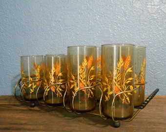 Anchor Hocking Triguba wheat drinking glass collection with caddy, Collectible wheat glasses, Sheaves of wheat. Fall table setting