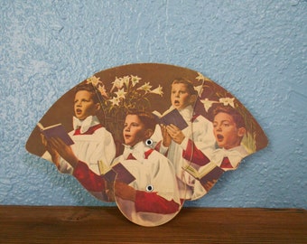 Vintage funeral fan with boys choir and Easter lilies