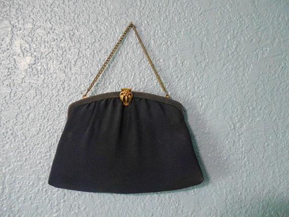 1940s Black Evening Bag Double Top Handles with Brass and Blue Stone Accents Opera Purse