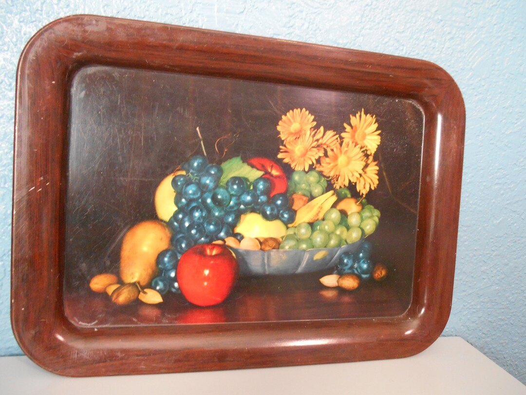 Still Life Metal Lap Tray, Fruit, Nuts and Floral Metal Tray, Farmhouse