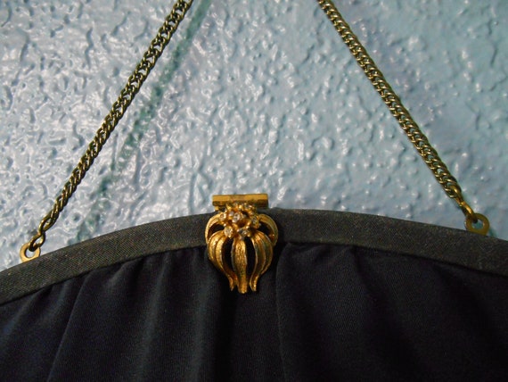 1940s Black Evening Bag Double Top Handles with Brass and Blue Stone Accents Opera Purse