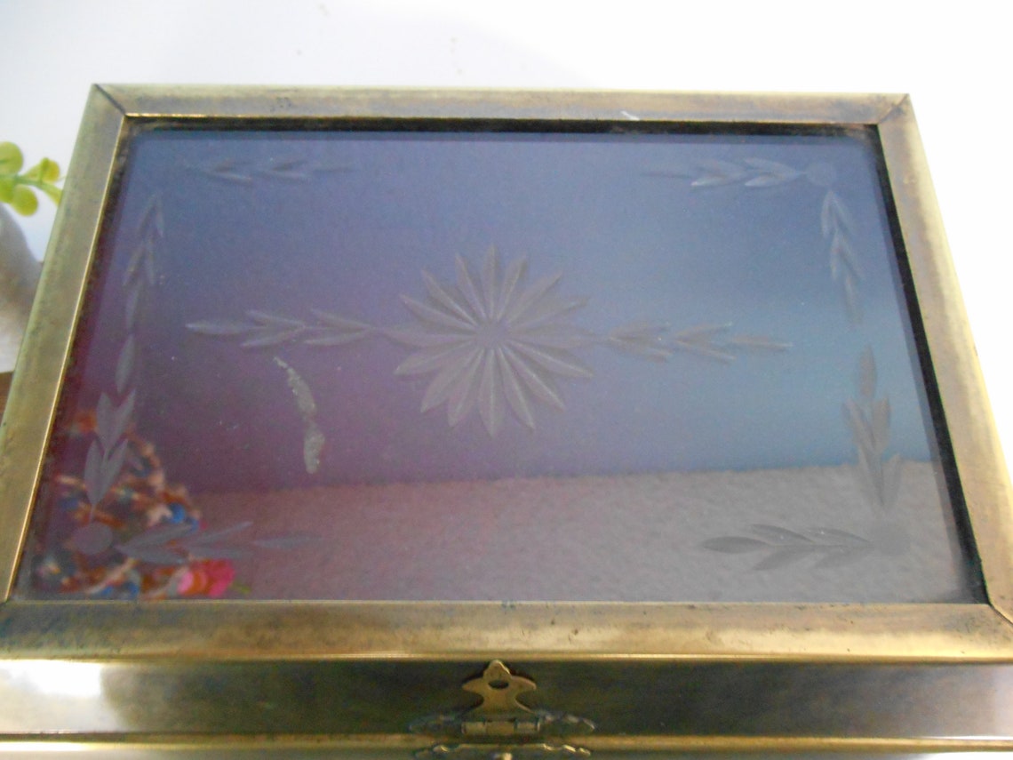 Brass and Etched Glass Jewelry Box Etsy