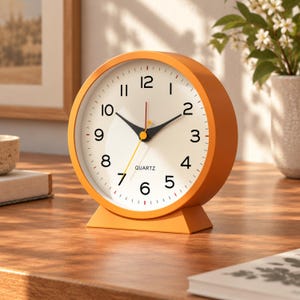 May include: A round orange analog clock with a white face, black numerals, and black hour and minute hands. A thin yellow second hand and a small red marker are visible. The word QUARTZ is printed in black on the lower center of the clock face.