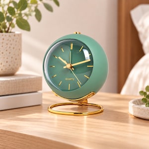 May include: A spherical sage green quartz alarm clock with a gold-toned circular base and matching gold hands. The clock face features a dark green background with gold hour markers and the word QUARTZ printed in gold at the bottom.