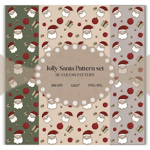 Può includere: Un grafico digitale con un motivo ripetitivo senza cuciture di volti di Babbo Natale, ornamenti rossi e scatole regalo in tre varianti di colore: verde oliva, crema e grigio chiaro. Il testo recita: Jolly Santa Pattern set, SEAMLESS PATTERN, 300 DPI, 12x12, PNG/JPG.