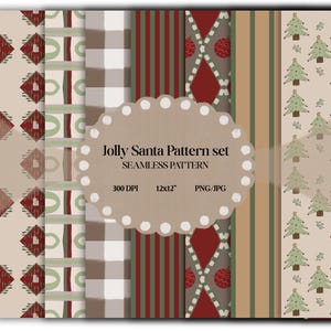 Può includere: Un set di motivi digitali intitolato Jolly Santa Pattern set, composto da sei pannelli verticali con disegni natalizi tra cui rombi rossi con candele, strisce verdi e rosse, motivi a quadri e alberi di Natale verdi su sfondo beige.