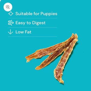 May include: Three dried, golden-brown meat strips on a bright teal background. Text on the left reads: Suitable for Puppies, Easy to Digest, and Low Fat. The strips have a fibrous, dehydrated texture with visible muscle grain and irregular edges.