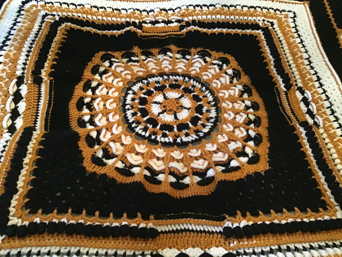 Crochet Throw in Black White and Gold My Own Design Etsy